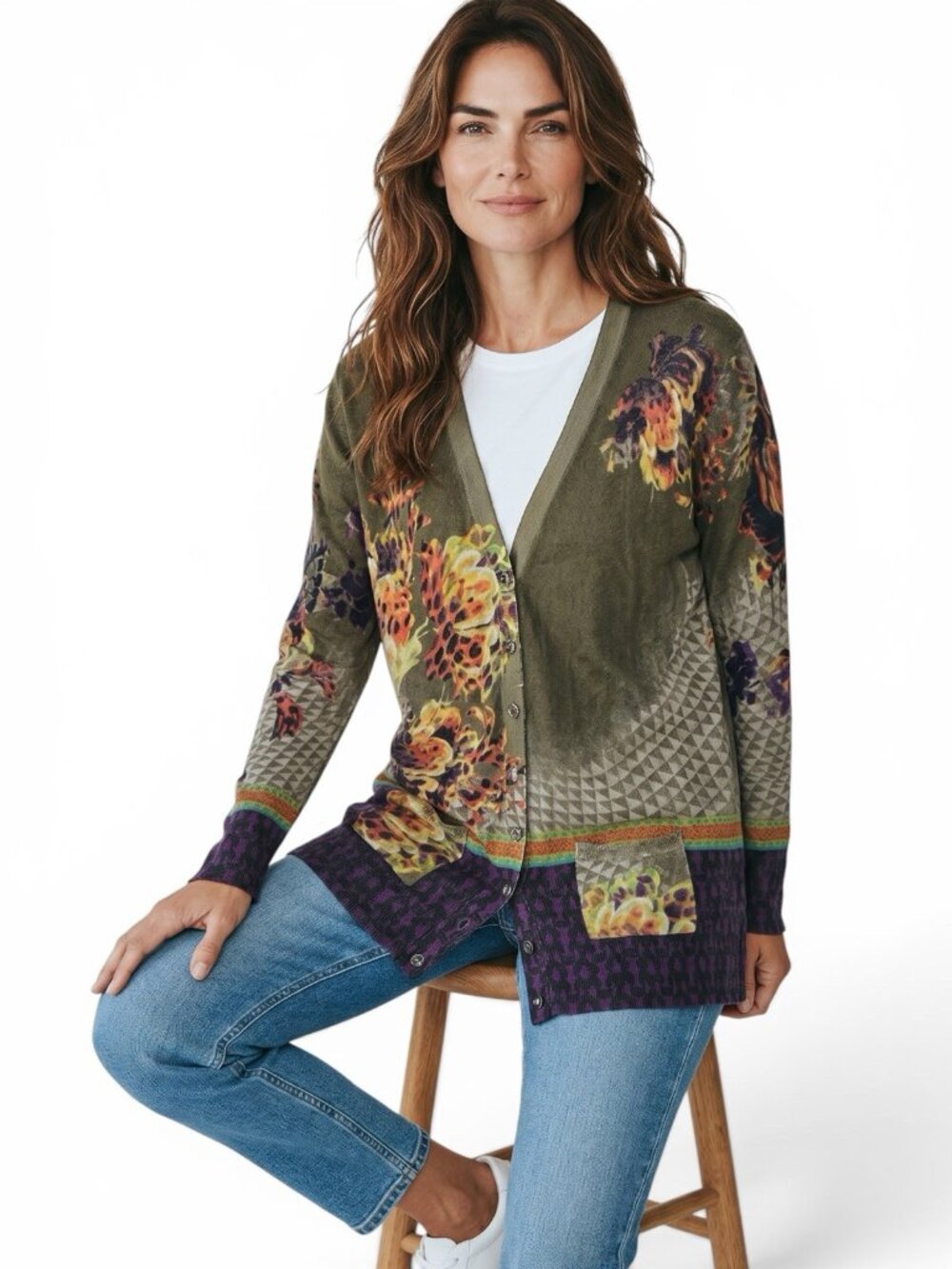 Etro floral print silk/cashmere long sleeve cardigan sweater sz 50